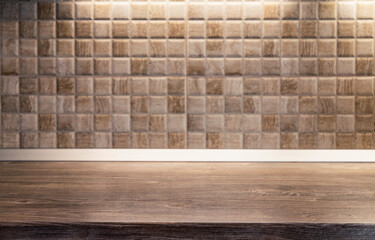 wooden desk space and tiles home background with copy space