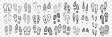 Footprints Of Boots And Foot Doodle Set. Collection Of Hand Drawn Barefoot And Boots Footprints In Rows With Various Patterns Isolated On Transparent Background
