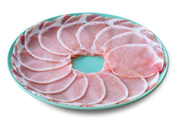 Wall Mural - fresh raw pork belly beef sliced on square plate isolated on white background, shabu, hot pot ingredients