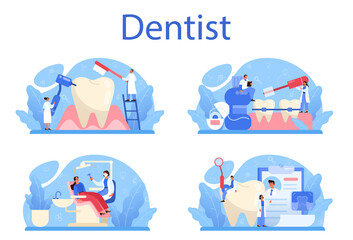 Wall Mural - Dentist concept set. Dental doctor in uniform treating human teeth