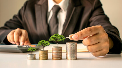 Wall Mural - A businessman holding a coin with a tree that grows and a tree that grows on a pile of money. The idea of maximizing the profit from the business investment.