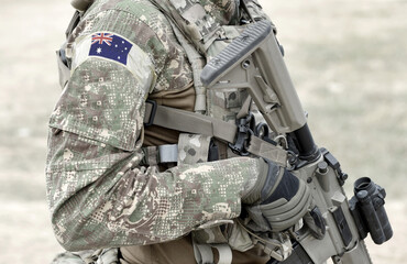 Wall Mural - Soldier with assault rifle and flag of Australia on military uniform. Collage.