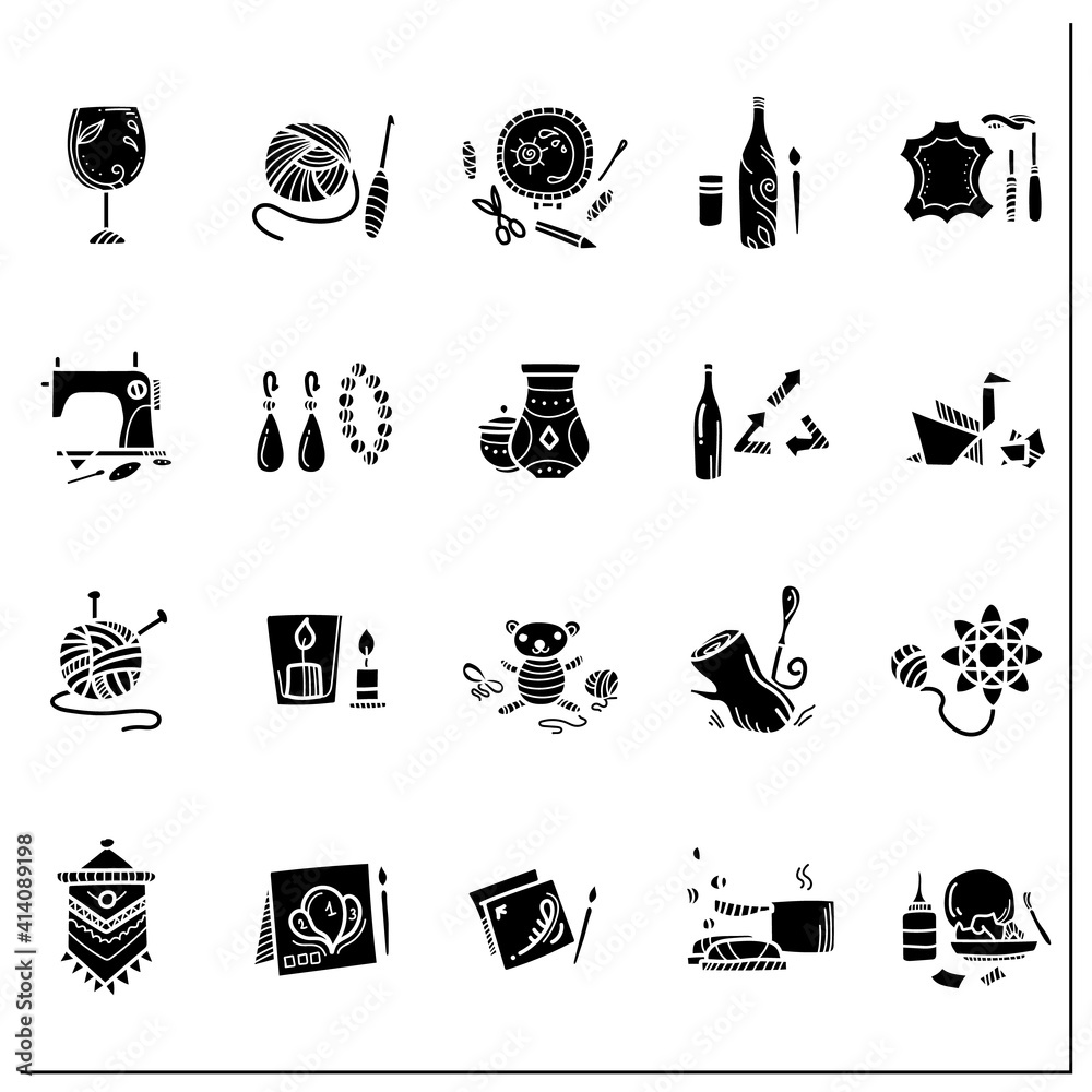 Paper Mache Vector Craft hobby set glyph icons. Handmade and homemade concept. Consist of ...