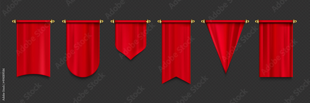 Red pennant flags mockup, blank hanging banners with rounded, concave, pointed and double edges. Medieval heraldic ensign templates. Realistic 3d vector icons set isolated on transparent background - obrazy, fototapety, plakaty 
