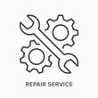 © Phoenix Icons - Repair service flat line icon. Vector outline illustration of wrench and cogwheel. Black thin linear pictogram for technical support