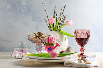 Wall Mural - Place setting for Easter table with spring flowers