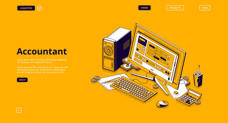 Accountant isometric landing page. Monthly recurring revenue and tax calculation. Computer desktop with budget or payment chart on screen and calculator. Earning analysis 3d vector line art web banner