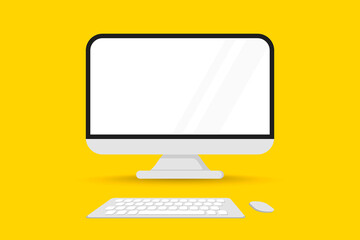 Poster - computer monitor front view with mouse and keyboard. screen computer monitor. display with empty scr