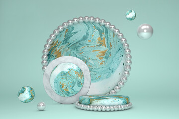 Poster - 3D green marble round circle podium against pastel background. Pedestal with peal. Concept scene stage showcase for new product, promotion sale, banner, presentation, cosmetic. With copy space