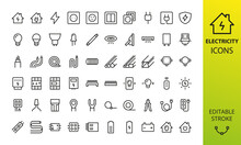 Electricity Isolated Icon Set. Set Of Home Electrification, Electrical Wire And Cable, Lightbulb, Led Lamp, Electricity Meter, Junction Box, Outlet And Switch, Extension Cord, Power Strip Vector Icons