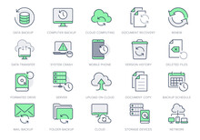 Backup Line Icons. Vector Illustration With Minimal Icon - Recovery Data, Laptop, System Crash Repair, Database, Cloud Transfer, Recycle Bin, Folder Pictogram. Green Color, Editable Stroke