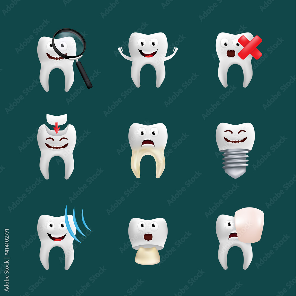 Smiling teeth vector set with different elements. Cute character with ...
