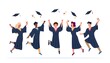 © YummyBuum - Tossing Caps. Happy college graduates group throw up caps, students graduation ceremony from university, boys and girls in student robes. Vector flat cartoon isolated on white concept