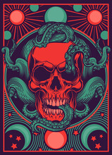 Skull With Tentacles Design. Vector Illustration Of Human Skull With Octopus Tentacles, Celestial Bodies Design Frames In Engraving Technique. Gothic, Occult, Mystery Tarot Card Stylish Background.