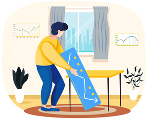Fototapete - Data analysis concept with man holding board with ascending arrow graph, working analyst. Small person standing in living room and information statistical development block, business research