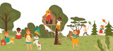 Fototapeta Koty - Cheerful group kid character playing together in outdoor park, treehouse children playground flat vector illustration. Girl boy play garden, child funny spend time, walk dog and read book.