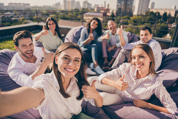 Sticker - Photo of group freelancers having training conference showing like outdoors outside urban city terrace