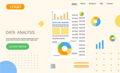 Fototapete - Data analysis landing page template, research, business data on presentation banner, graph and chart. Business growth with advanced innovative marketing plan, Financial success, project management