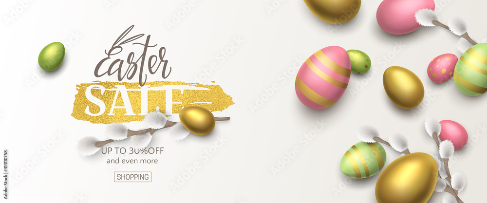 Horizontal stylish sale banner with 3d pussy willow and realistic gold, green, pink eggs. Vector festive template with text Easter sale on foil brushstroke for flyer with special offers. - obrazy, fototapety, plakaty 