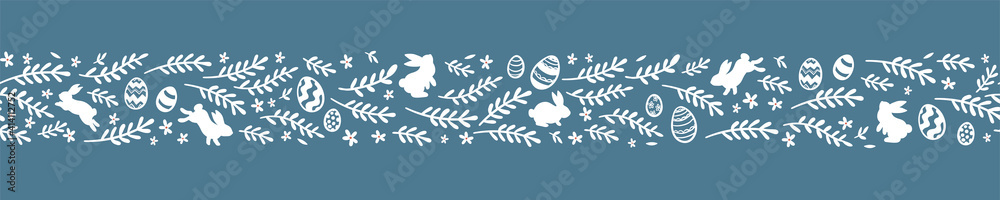 Lovely hand drawn Easter horizontal seamless pattern, cute doodle eggs, great for textiles, banners, wallpaper, wrapping - vector design - obrazy, fototapety, plakaty 