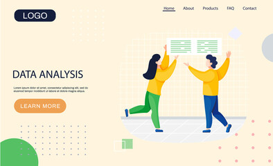 Fototapete - Data analysis landing page template with business people holding board with text over their heads, working analysts. Small people and information block. Trendy flat style. Vector illustration