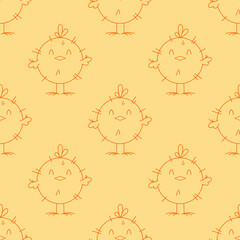 Seamless pattern with cute hand drawn baby chick. Orange line objects on yellow background. Minimal vector texture for kids room decor, nursery art, print, fabric, wallpaper, wrapping paper, textile.