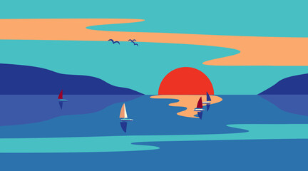 Wall Mural - Seaside Sunset Minimalist Style flat color vector