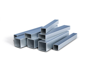 Aluminium square tube profile in different scales, 3d illustration