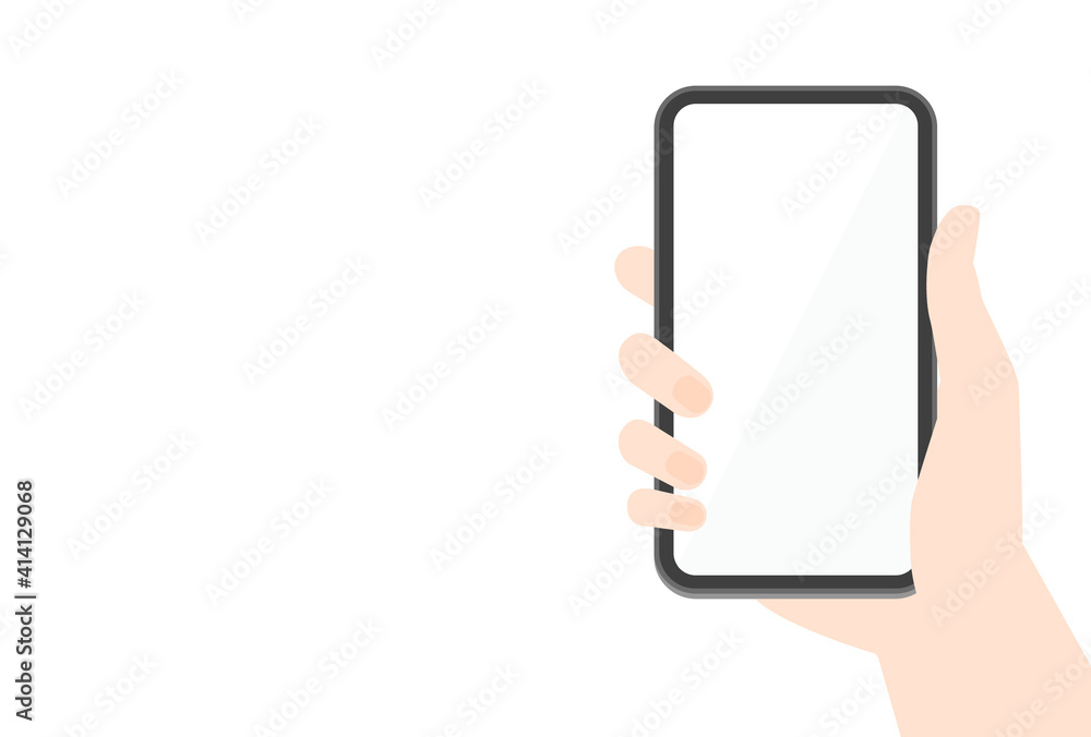 Fototapete スマートフォンのモックアップ素材 黒いスマホを持つ人の手と白いコピースペース付きの画面 Spica Fototapete スマートフォンのモックアップ素材 黒いスマホを持つ人の手と白いコピースペース付きの画面 Spica