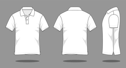 Wall Mural - White short-sleeve polo shirt template on gray background. Front, back, and side views, vector file.