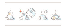 Instruction How To Brewing Tea Bag. Place Tea Bag In Cup, Add Boiling Water, Wait For Few Minutes. Cooking Direction For Hot Drink. Flat Line Vector Illustration And Icons Set.

