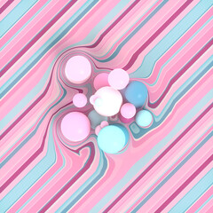 Poster - Multi colored balls on a striped distorted surface. Modern 3d rendering digital illustration. Decorative design element