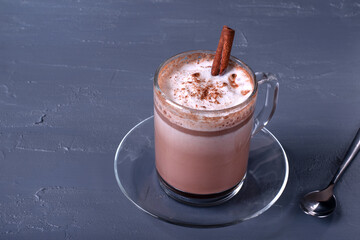 Frothy cocoa with cinnamon on the gray table. Hot sweet drink