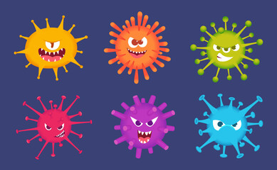 Canvas Print - Cute cartoon viruses. Bacteria emotional faces scared emoticons devil toys biology colorful virus exact vector illustrations. Character virus cartoon, bacteria funny colore