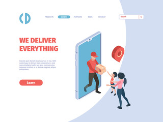 Poster - Delivery courier. Postmen order person holding product cardboard express delivery concept e-commerce garish vector isometric. Courier postman holding package, deliveryman from smartphone illustration