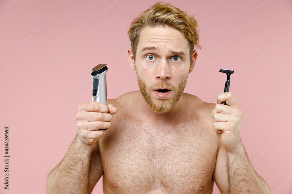 Worried bearded naked young man 20s years old perfect skin hold choice