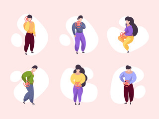 Sticker - Pain characters. Bad damaged human body pain feelings area patients garish vector people. Body injury pain, abdominal and backache illustration