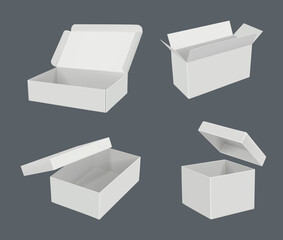 Poster - Open realistic boxes. Packages templates cardboard empty containers decent vector blank mockup. Illustration gift package empty, packaging cardboard 3d