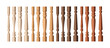 Wooden baluster columns set, realistic balustrade pillars in different shade of brown