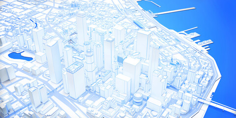 Wall Mural - white low poly modern downtown with coastline above view