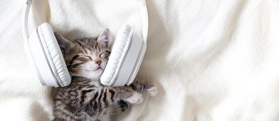 Cute sleeping striped Cat Kitten listening music in Headphones on white bed. Musical pets banner. Copyspace 