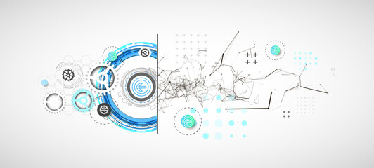 Poster - Abstract background on technological and scientific topics. Plexus effect with various techno details with a place under the text. Vector format.