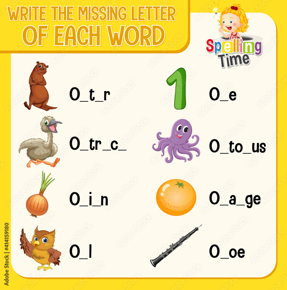 Write the missing letter of each word worksheet for children Stock ...
