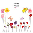 Spring time beautiful pink and yellow flowers, poppies and butterflies illustration blossom background. Spring summer time greeting card