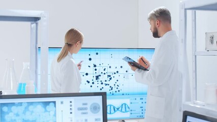 Canvas Print - Professional team of scientists is working on a vaccine in a modern scientific research laboratory. Genetic engineer workplace. Future technology and science.