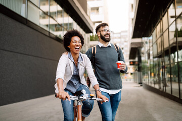 Wall Mural - Happy people eco transport city bicycle fun concept