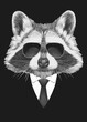 Portrait of Raccoon in suit and sunglasses. Bodyguard. Hand-drawn illustration. 