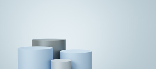 Wall Mural - 4 Empty gray and blue cylinder podium floating on white copy space background. Abstract minimal studio 3d geometric shape object. Pedestal mockup space for display of product design. 3d rendering.