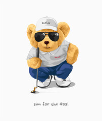 cute bear doll golfer aiming for the shot illustration
