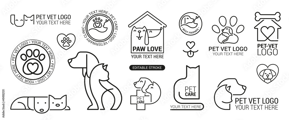 Vet clinic logo. Pets shop cats dogs domestic animals protection friendly funny symbols vector collection. Illustration vector logo kitty, domestic animal shop, dog and cat care - obrazy, fototapety, plakaty 
